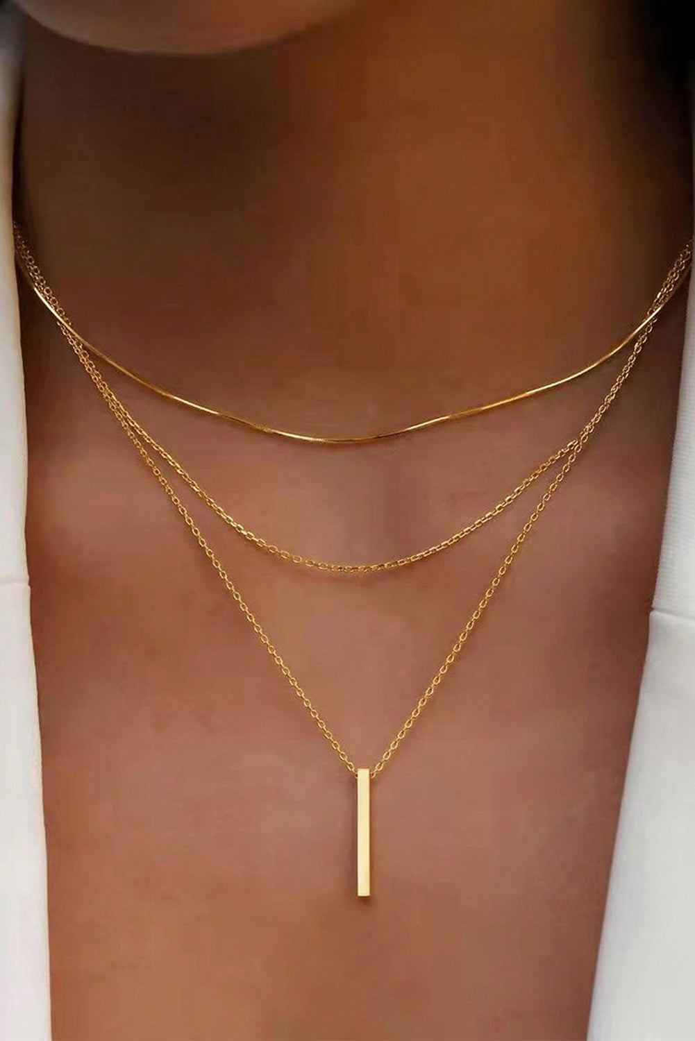 Gold Bar Pendant Layered Adjustable Chain Necklace