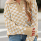 Apricot Checkered Buttons Collar V Neck Drop Shoulder Sweater