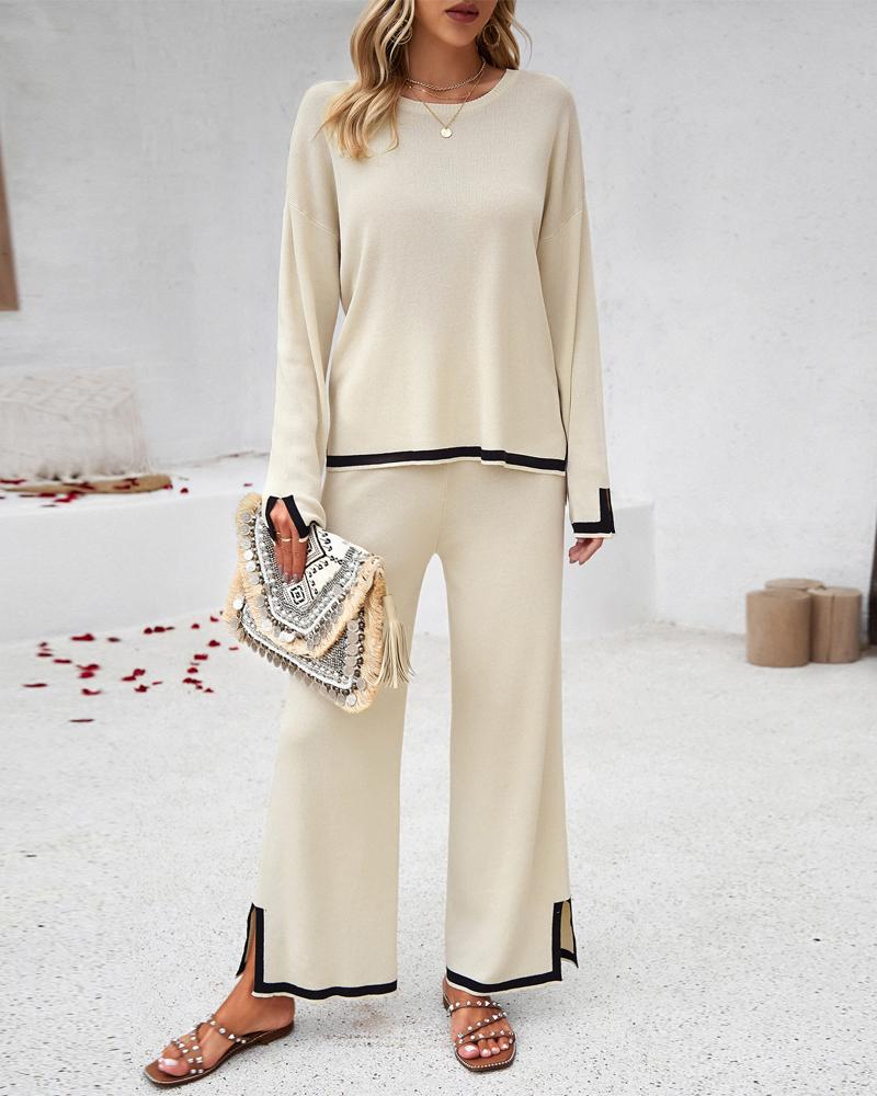 2PCS Round Neck Long Sleeve Slit Top & Straight Leg Pants Set