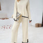 2PCS Round Neck Long Sleeve Slit Top & Straight Leg Pants Set