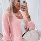 Pink Ribbed Knit Scalloped Edge Side Pockets Buttoned Cardigan