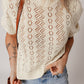 Beige Hollowed Pattern Knit Short Puff Sleeve Sweater