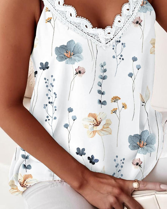 Floral Print Contrast Lace Sleeveless Top