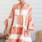 Orange Geometric Print Ruffle Tiered Button V Neck Dress