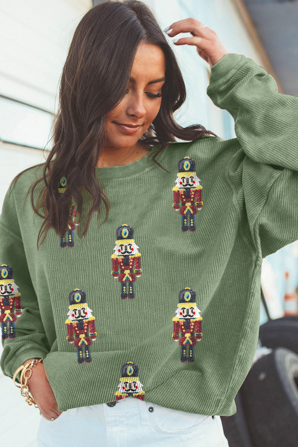 Grass Green Christmas Nutcracker Graphic Corded Pullover Sweatshirt