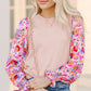 Oatmeal Floral Printed Patchwork Smocked Lantern Sleeve Knit Top