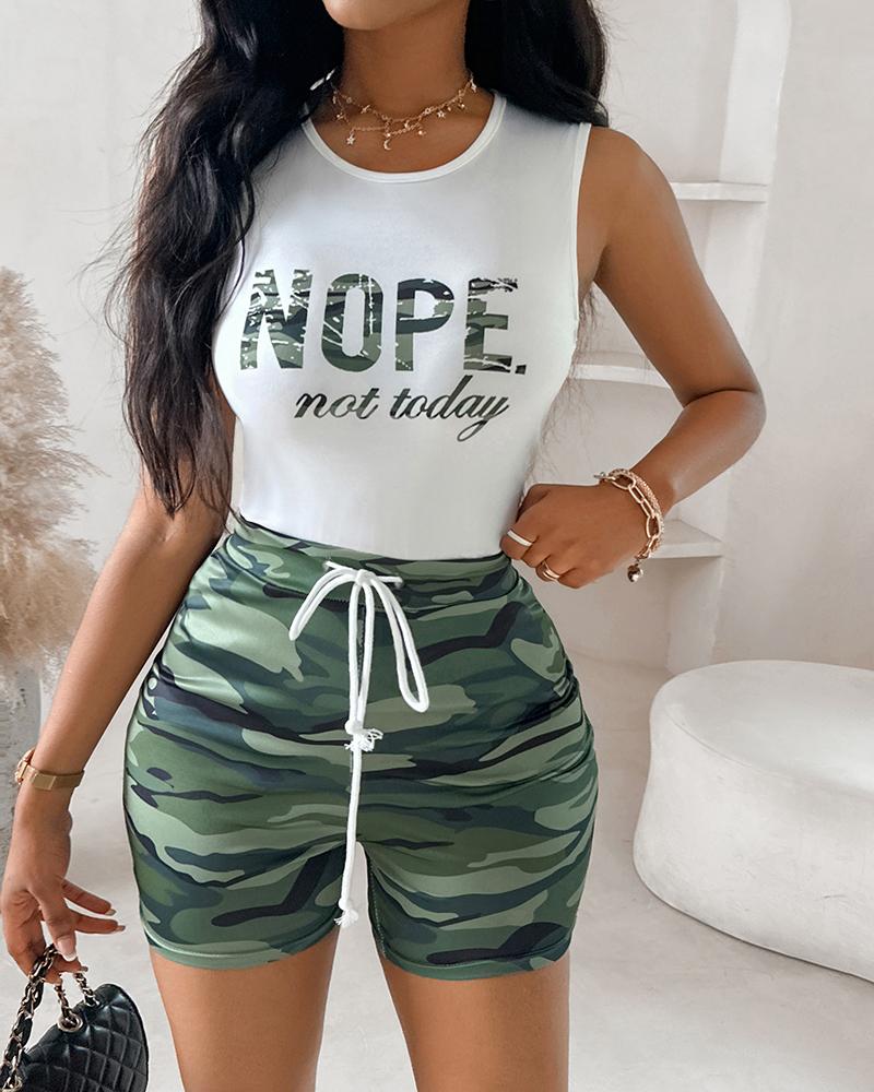 Nope Not Today Camouflage Print Casual Tank Top & Shorts Set