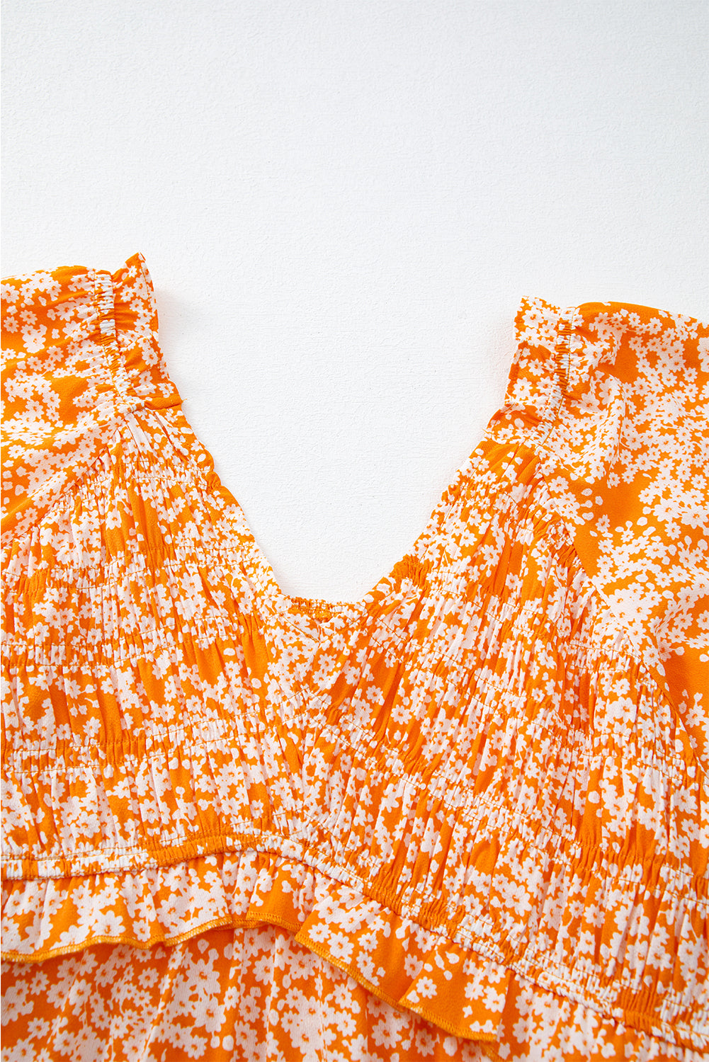 Orange Floral Print Smocked V Neck Wide Sleeve Maxi Dress