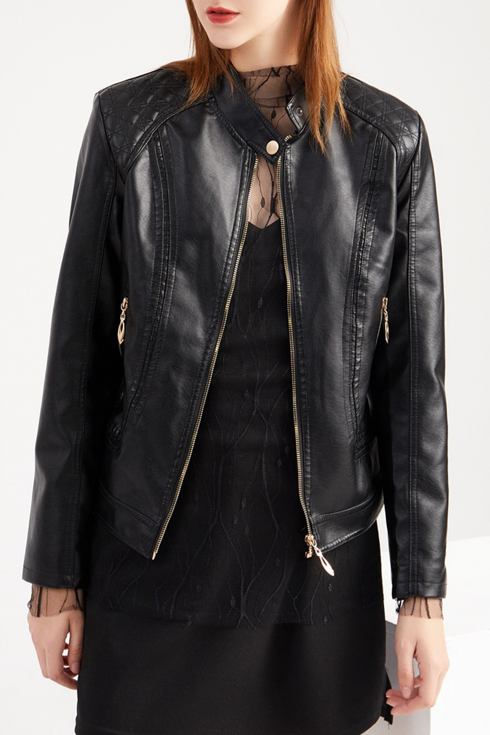 Black Quilted Detail Zip Leatherette Moto Jacket