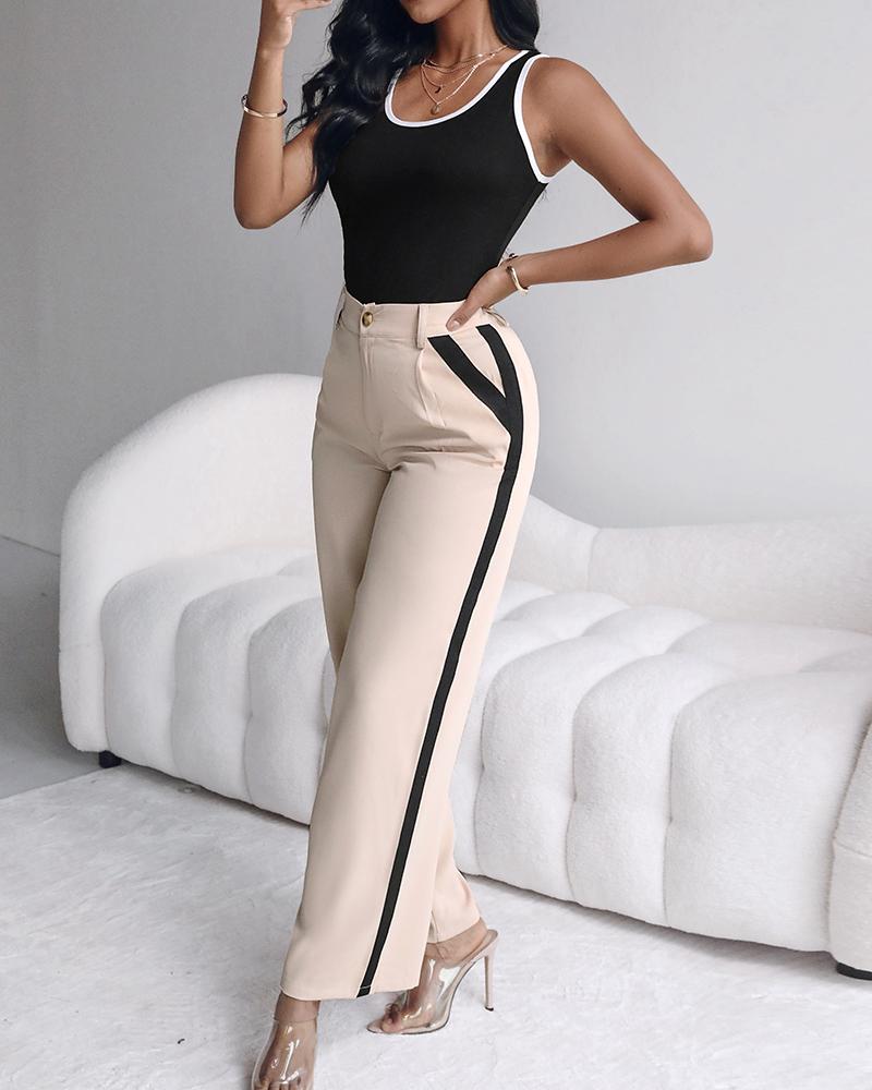 Contrast Binding Tank Top & Striped Pants Set