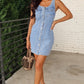 Beau Blue Light Wash Denim Buttoned Front Chest Pockets Sleeveless Slim Mini Dress