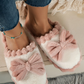 Fushia Bow Decor Color Block Ribbed Plush Slippers