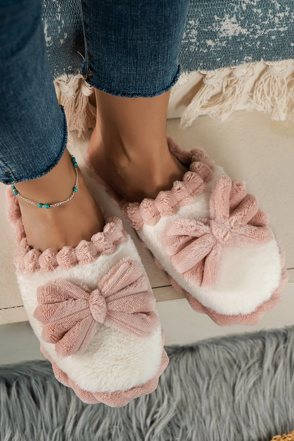 Fushia Bow Decor Color Block Ribbed Plush Slippers