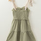 Laurel Green Smocked Bodice Self-tie Straps A-line Ruffled Mini Dress