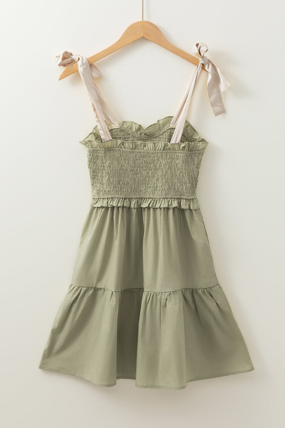 Laurel Green Smocked Bodice Self-tie Straps A-line Ruffled Mini Dress