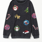 Black Sequined Christmas Elements Corded Baggy Sweatshirt