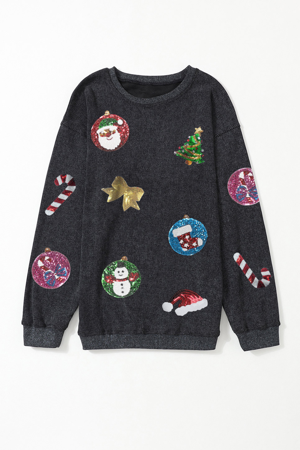 Black Sequined Christmas Elements Corded Baggy Sweatshirt