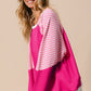 Strawberry Pink Striped Patchwork Crew Neck Raglan Sleeve Top