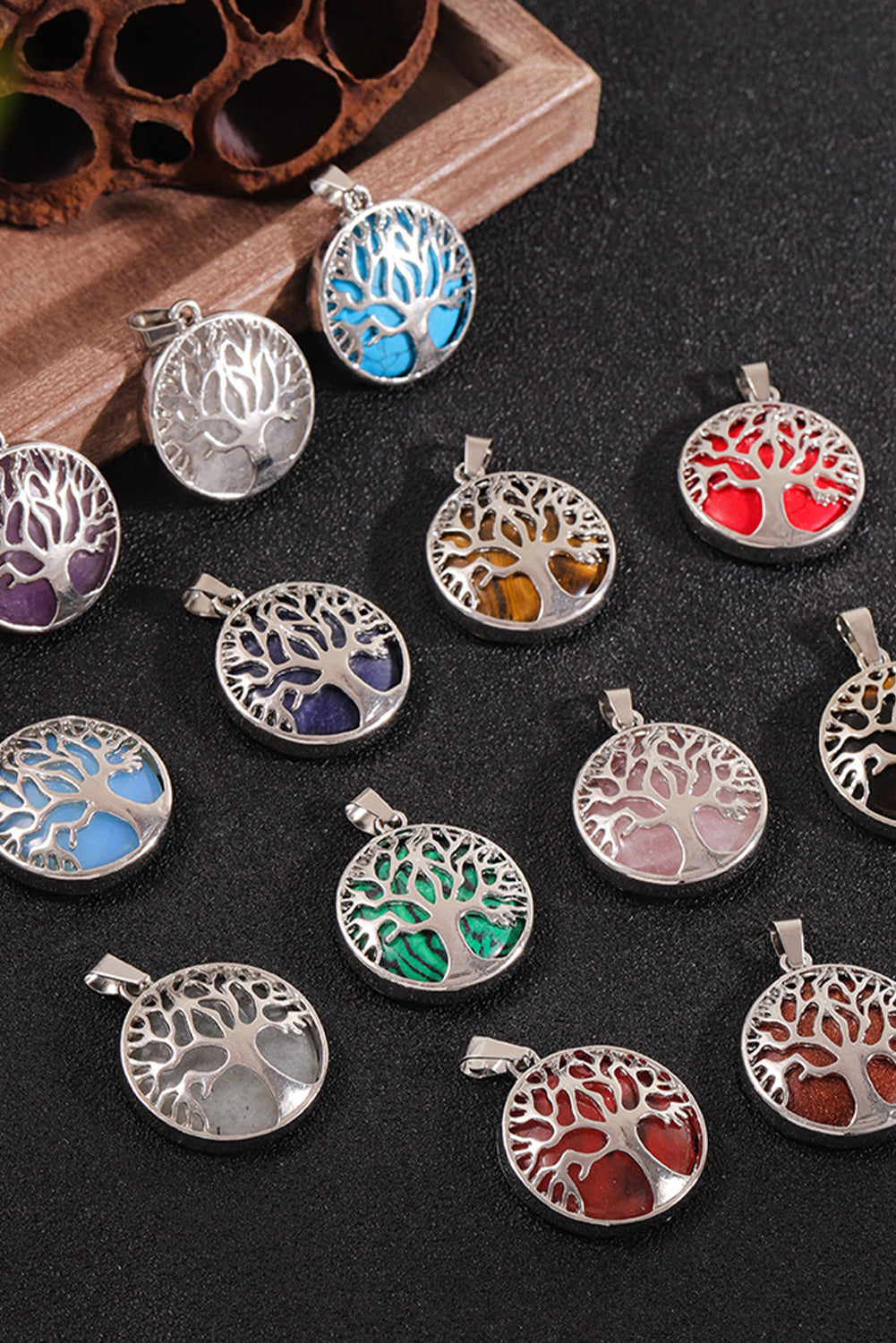 Blue Boho Tree of Life Crystal Round Pendant Necklace