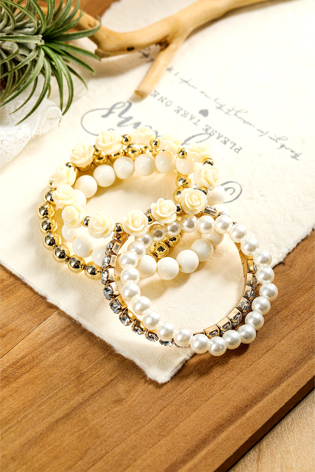 White Flower Rhinestone Beaded Multi Layer Bracelet Set