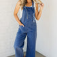 Prussian Blue Mineral Wash Knotted Strap Patched Pocket Wide Leg Denim Overalls