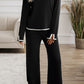 Black Contrast Trim Split Cuffs Long 2pcs Sweater Outfit Loungewear