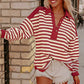 Red Stripe Buttoned V Neck Collared Drop Shoulder Top