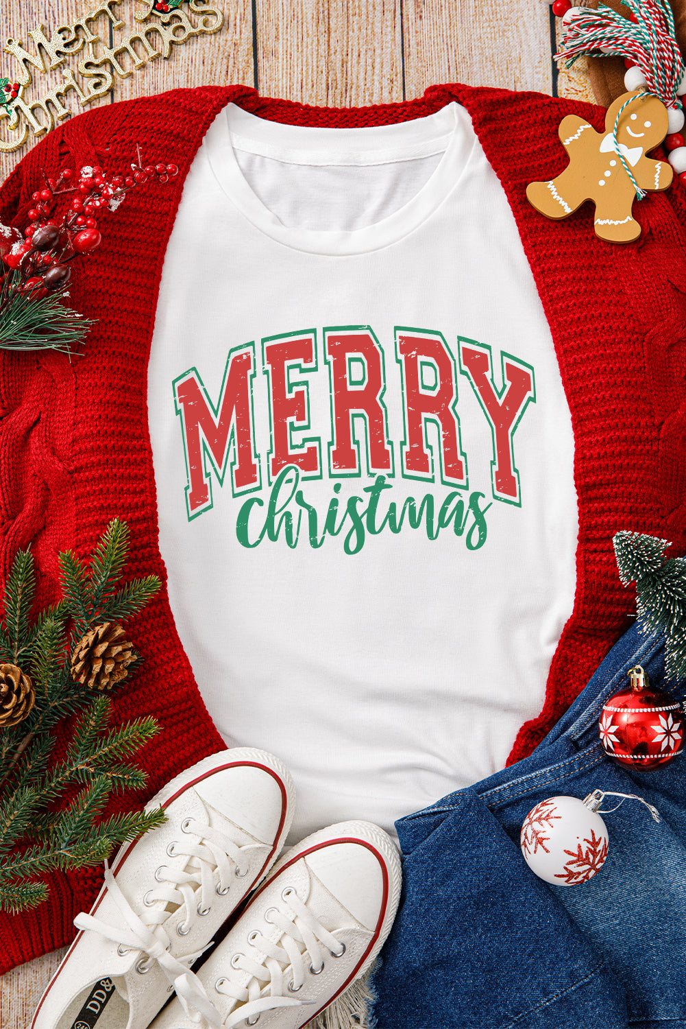 White MERRY Christmas Graphic Round Neck T Shirt