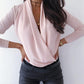 Solid Plunge Long Sleeve Ruched Casual Blouse