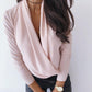 Solid Plunge Long Sleeve Ruched Casual Blouse