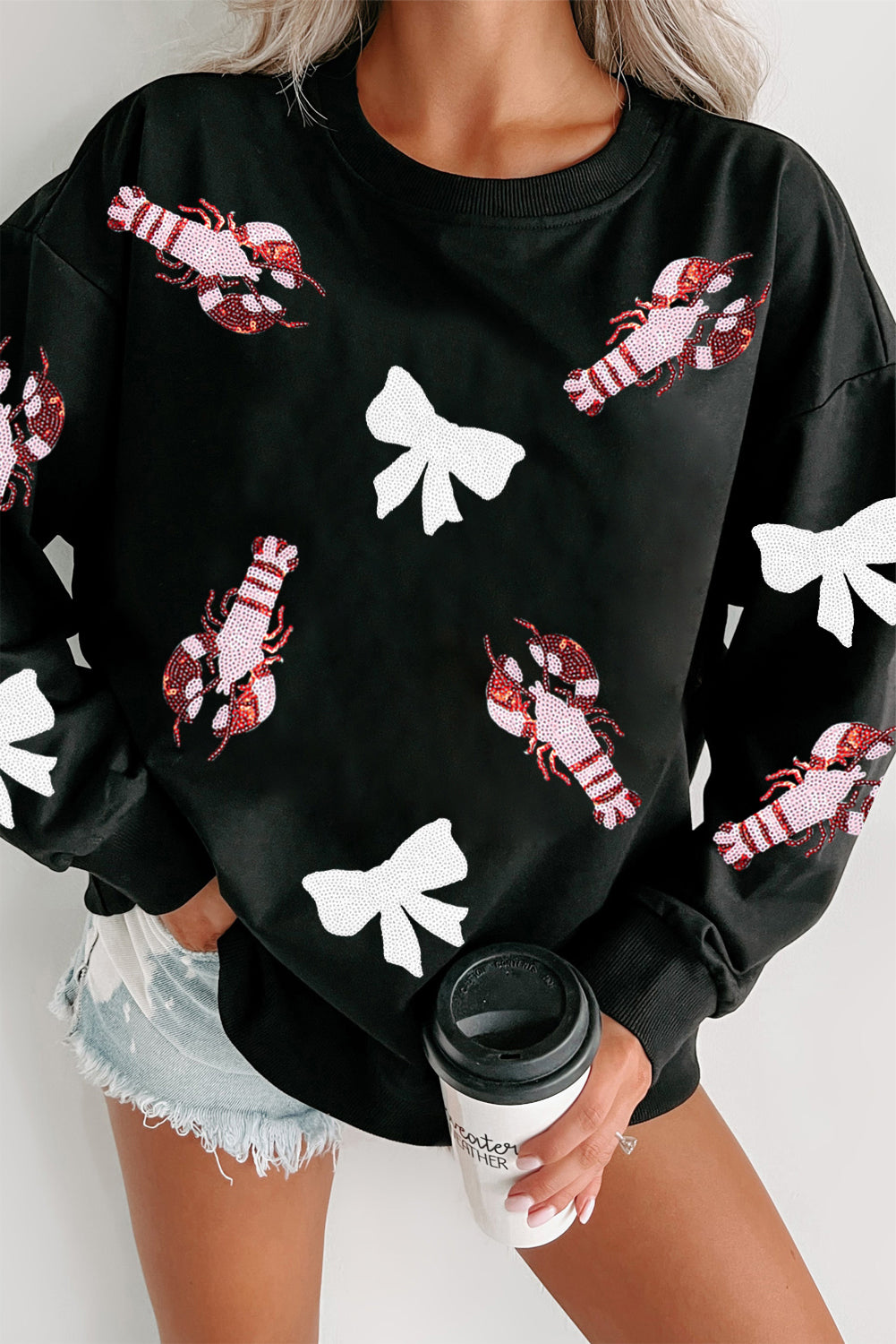 Black Crawfish Bow Sequin Patched Graphic Sweatshirt