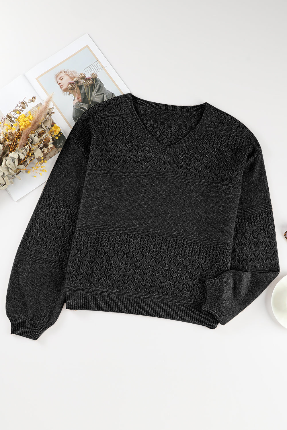 Black Eyelet Pattern Detail V Neck Drop Shoulder Sweater