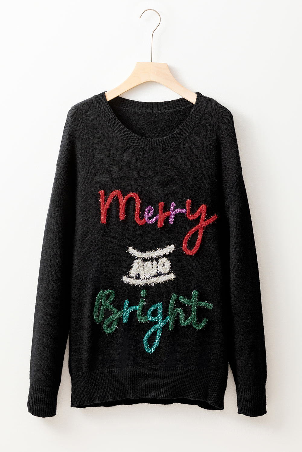 Black Tinsel Merry and Bright Graphic Christmas Sweater