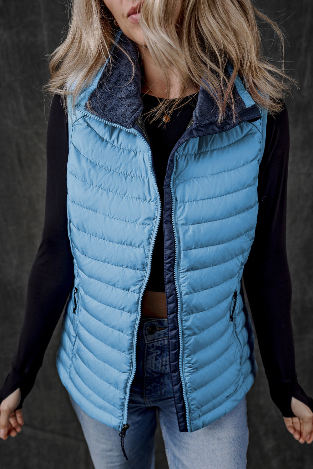 Sky Blue Plush Collared Quilted Zipped Puffer Vest