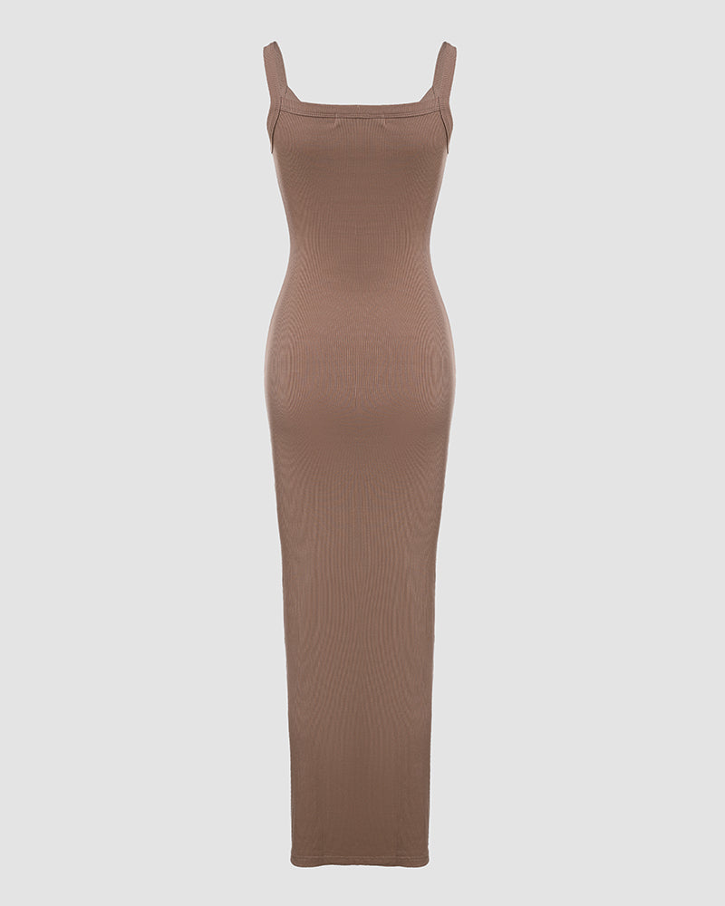 ChicMe ShapeSculpt Basic Lounge Slip U Neck Long Dress Elegant Sleeveless Ribbed Bodycon Maxi Dresses