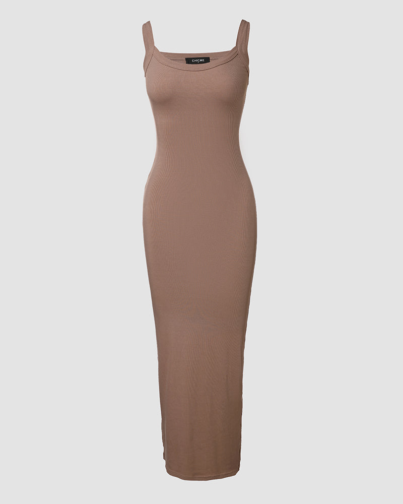 ChicMe ShapeSculpt Basic Lounge Slip U Neck Long Dress Elegant Sleeveless Ribbed Bodycon Maxi Dresses