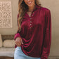 Burgundy Frilled Neck Buttoned Front Velvet Top