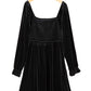 Black Velvet Flounce Sleeve Shirred Bodice Plus Babydoll Dress