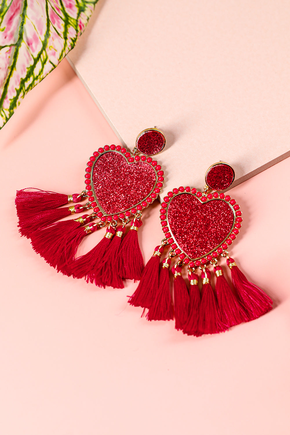 Racing Red Heart Shape Tasseled Dangle Earrings