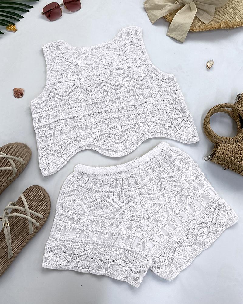 Crochet Lace Sleeveless Crop Knit Top & Shorts Set