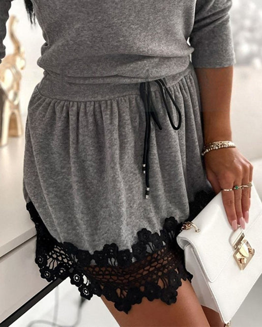 Crewneck Drawstring Waist Casual Dress Constrast Lace Mini Dress