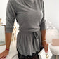 Crewneck Drawstring Waist Casual Dress Constrast Lace Mini Dress