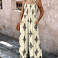 Graphic Print Square Neck Thick Strap Shirred Jumpsuit Wide Leg Overalls with Pockets