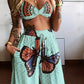 Butterfly Geometric Print Twisted Crop Top & Pocket Design Pants Set