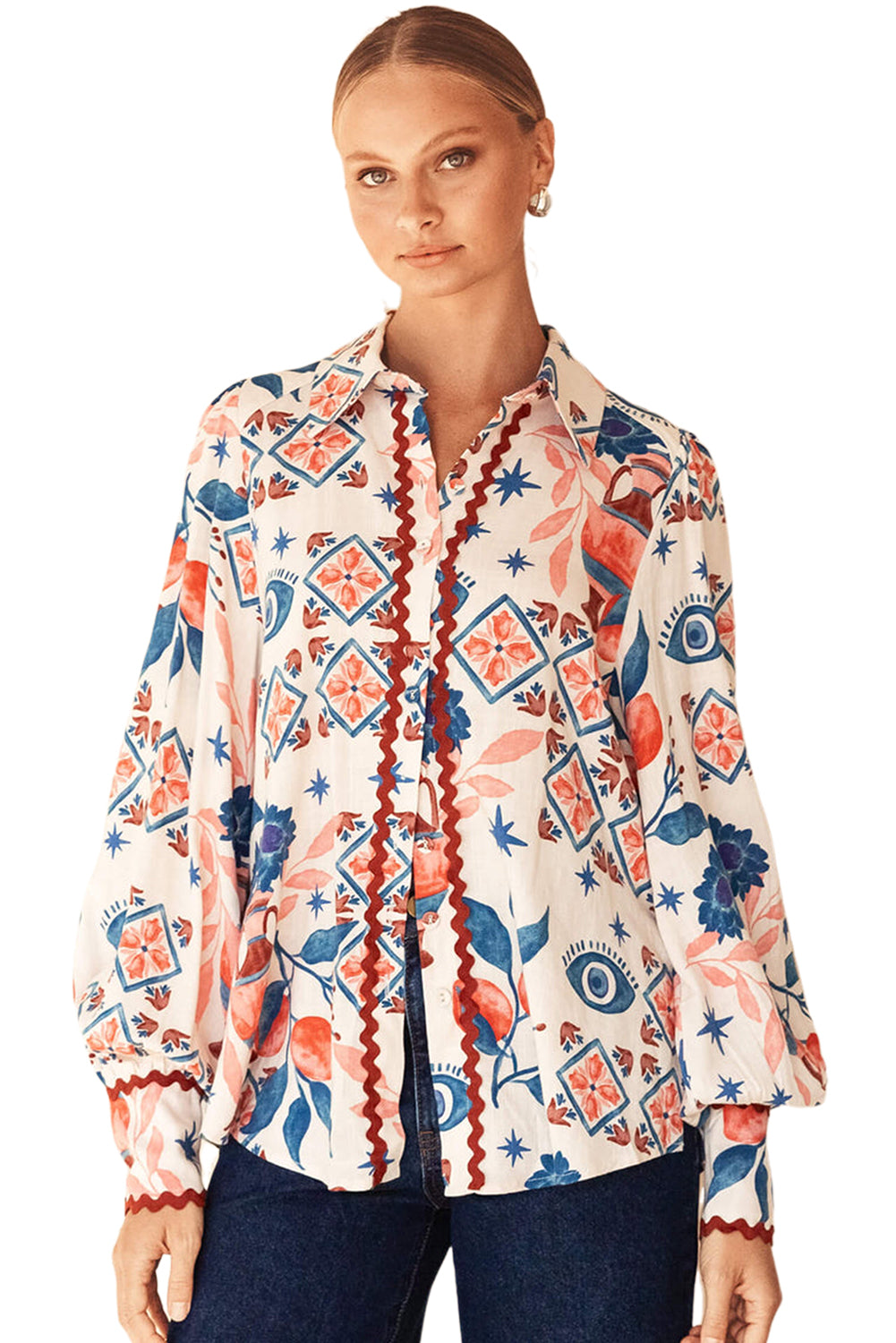 Multicolour Western Printed Ric Rac Bishop Sleeve Button Up Shirt