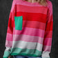 Rose Striped Knit Patch Pocket Drop Shoulder Sweater