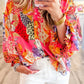 Red Abstract Floral Print Buttoned Ruffled Bubble Sleeve Shirt