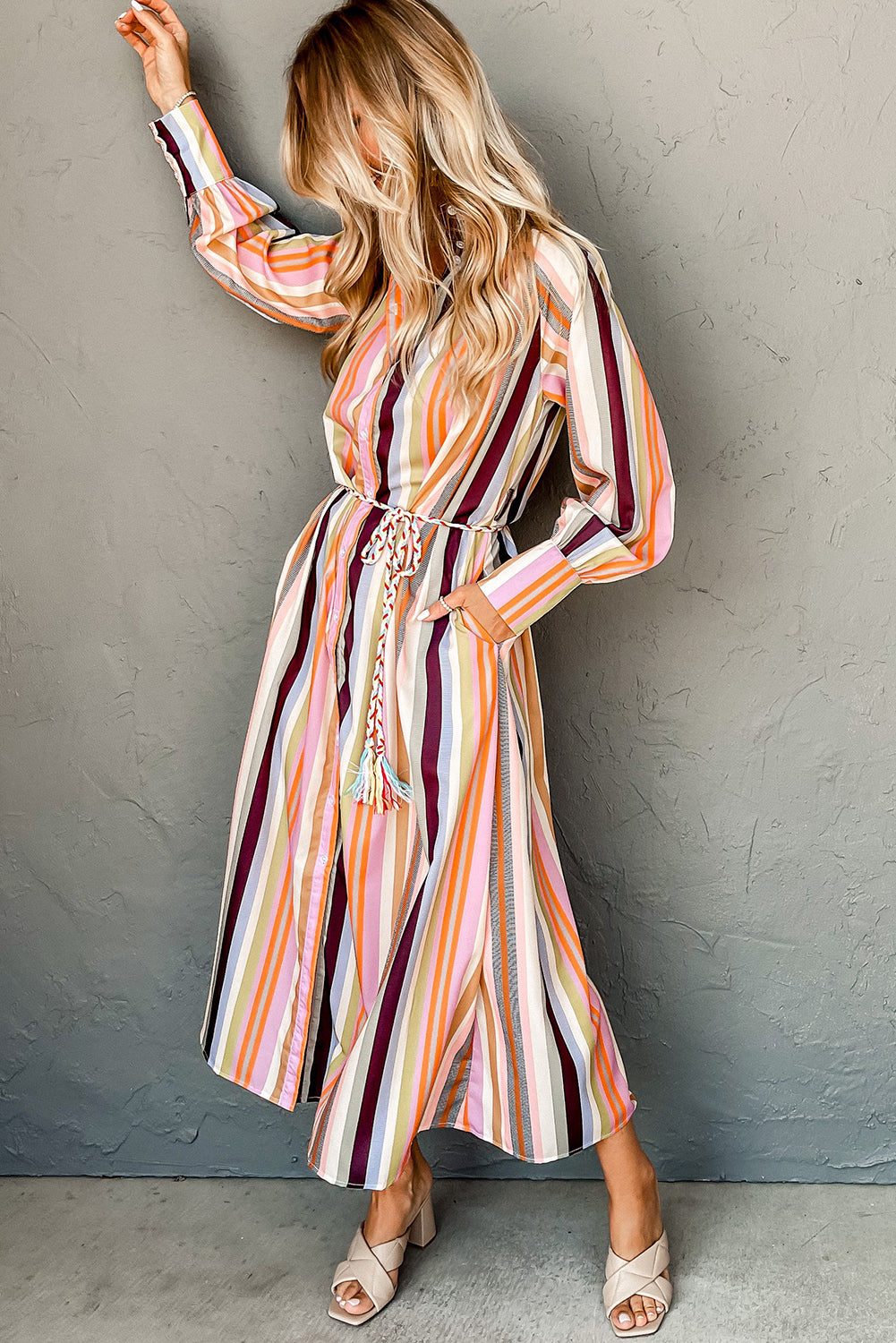 White Multicolor Striped Cuffed Sleeve Tassel Tied Shirt Maxi Dress