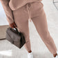 2PCS Solid Skew Neck Long Sleeve Top & Stretchy Waist Pants Set