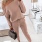 2PCS Solid Skew Neck Long Sleeve Top & Stretchy Waist Pants Set